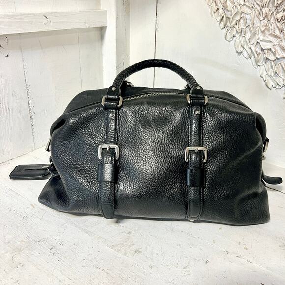 BOSS Hugo Boss Leather Braided Top Handle Medium Duffle Handbag Black - Picture 2 of 16